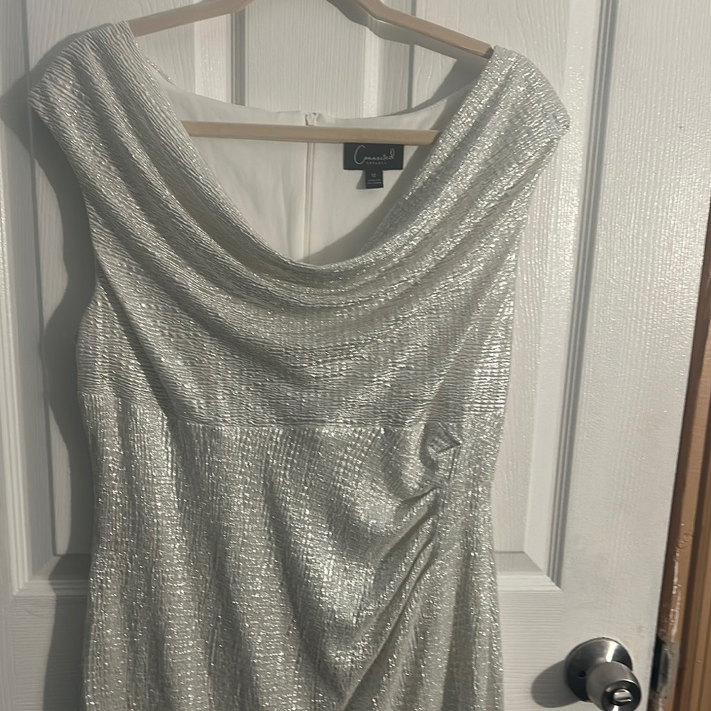 Connected Apparel Silver Ruched Cowl Neck Sheath Dress
